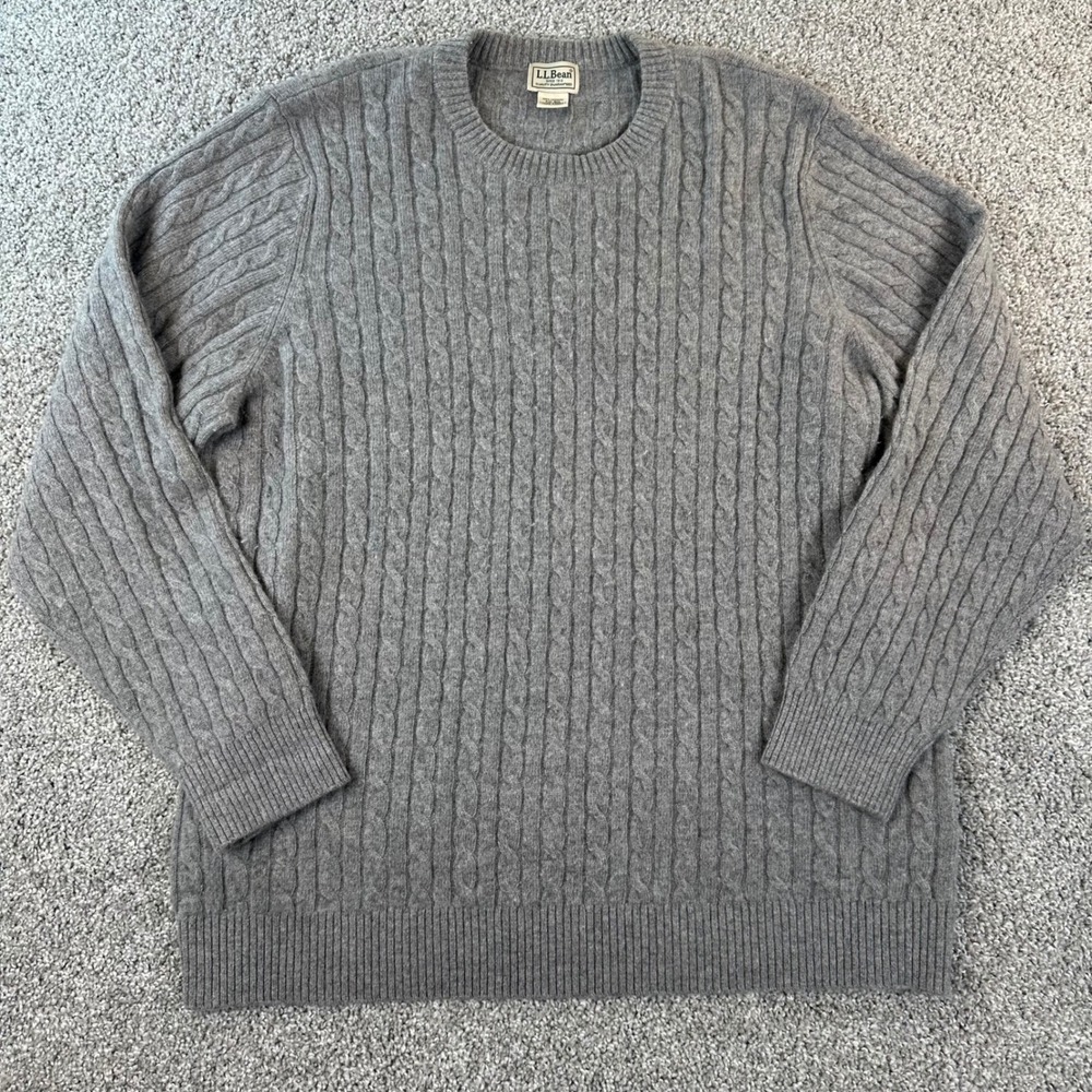 LL Bean Cashmere Sweater Mens XXL Gray Cable Knit Crewneck Preppy Fall Warm